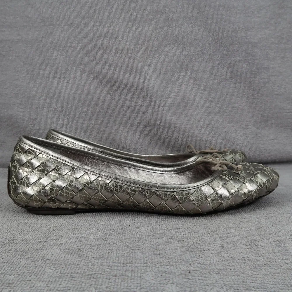 Tory Burch Prescot Woven Leather Logo Ballet Flats Womens 10 Silver Round Toe
